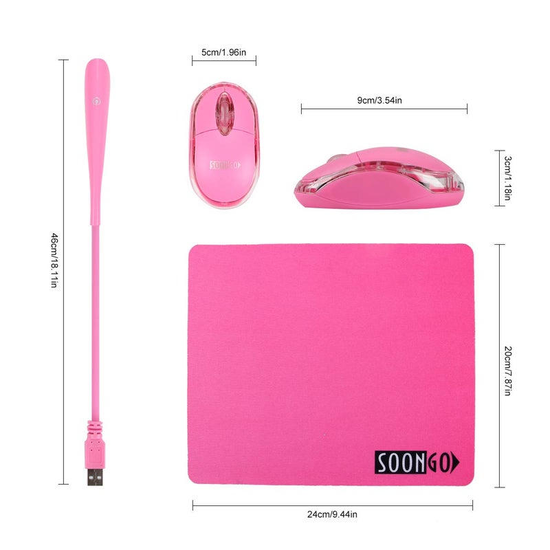 SOON GO Pink Mouse and Pad USB LED Light 3 in 1 Gift Comb Kids Mouse for Laptop Home Office Travel by SOONGO - Image 3